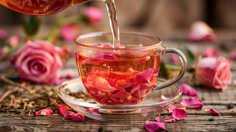 Single cup of rose tea with pink rose petals