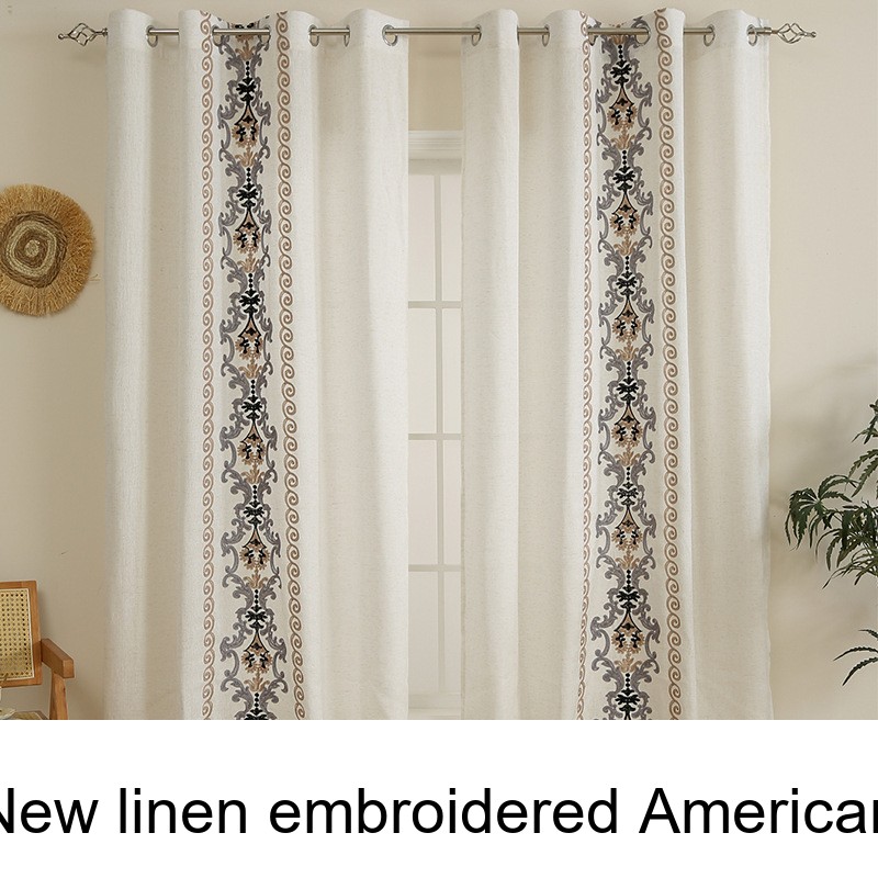 New Linen Embroidered American Style Curtains With Iron Rings_voghion.com