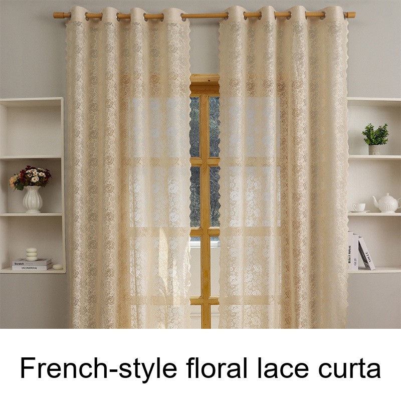 French-style Floral Lace Curtains Beige Sheer For Bedroom Living Room Light-transmitting Window Screens_voghion.com