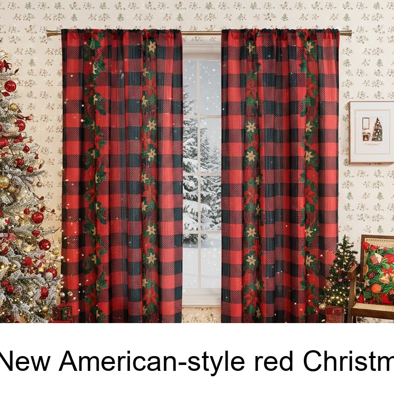New American Style Christmas Plaid Print Blackout Curtains_voghion.com